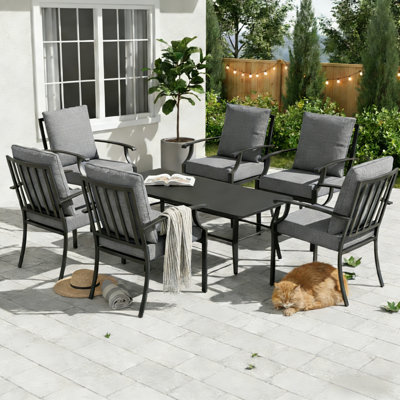 Premium All-Weather Metal 7-Piece Patio Dining Set With Cushions – Rust-Resistant Chairs & Rectangular Table