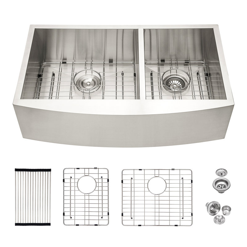 Double Bowl Farmhouse Sink- Stainless Steel Apron Front Kitchen Sink 16 Gauge With Two 9" Deep Basin