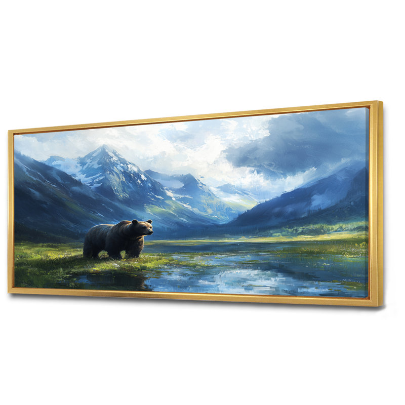 Ours dans la vallée de la montagne II - ours, art mural, H 28 po x l 60 po, Cadre flottant, Doré