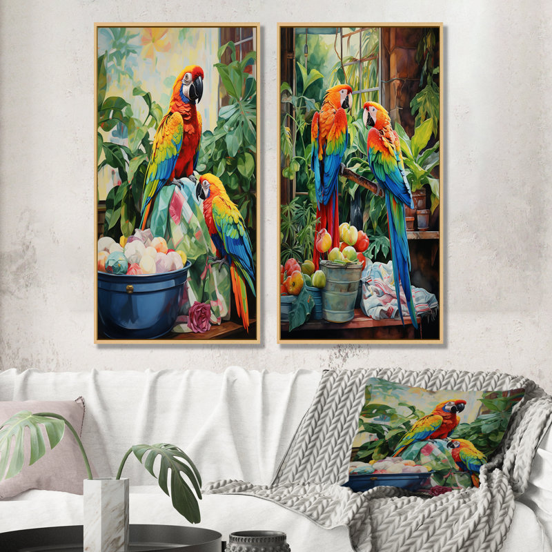 «Red Parrot Paradise I», ensemble de 2 reproductions d'art sur toile, H 40 po x l 41 po, Cadre flottant brun