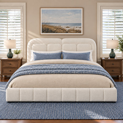 Upholstered Bed with Tufted Headboard, Soft Boucle Fabric and Heavy Duty Support