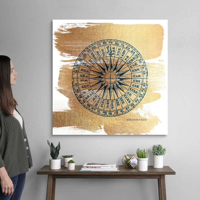 Boussole or brossé-impression sur toile, Toile tendue, H 36 po x l 36 po x P 1,25 po