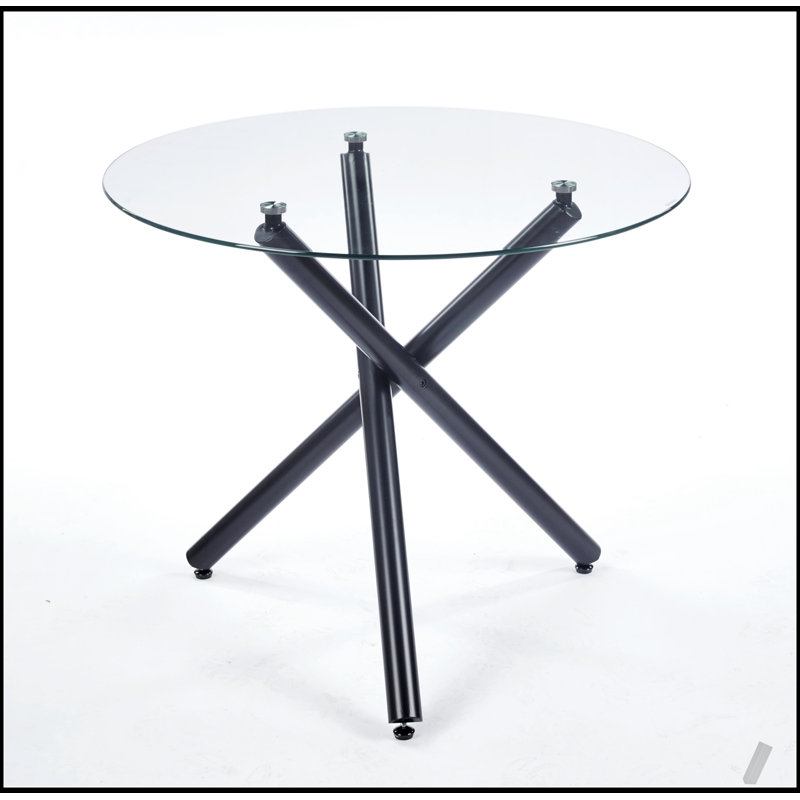 Round Dining Table with Tempered Glass Top and Black Metal Legs for Modern Space Saving Design, 29.13"H x 35.43"L x 35.43"W