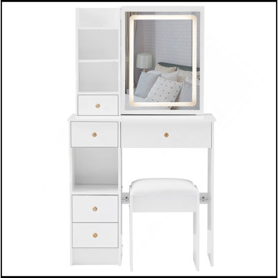 Petit meuble-lavabo de 29,2 po avec tabouret de bureau et tabouret rembourré à gauche 29,5 po, grande commande tactile, interrupteur tricolore, miroir à luminosité réglable, rangement à grande capacité, convient aux petits espaces