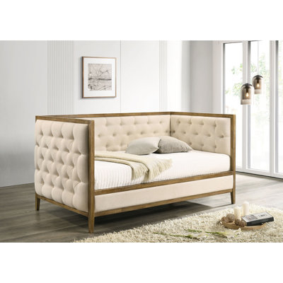 Lit de jour simple de style transitionnel avec capitonnage en losanges, chêne naturel, garnitures en bois, matelas prêt à l'emploi pour votre salon. Style chêne, parfait pour votre chambre.