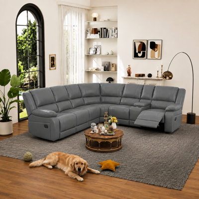 Lasceau 119" × 109" Faux Leather Manual Reclining Corner Sectional Couch with Storage and Cup Holder