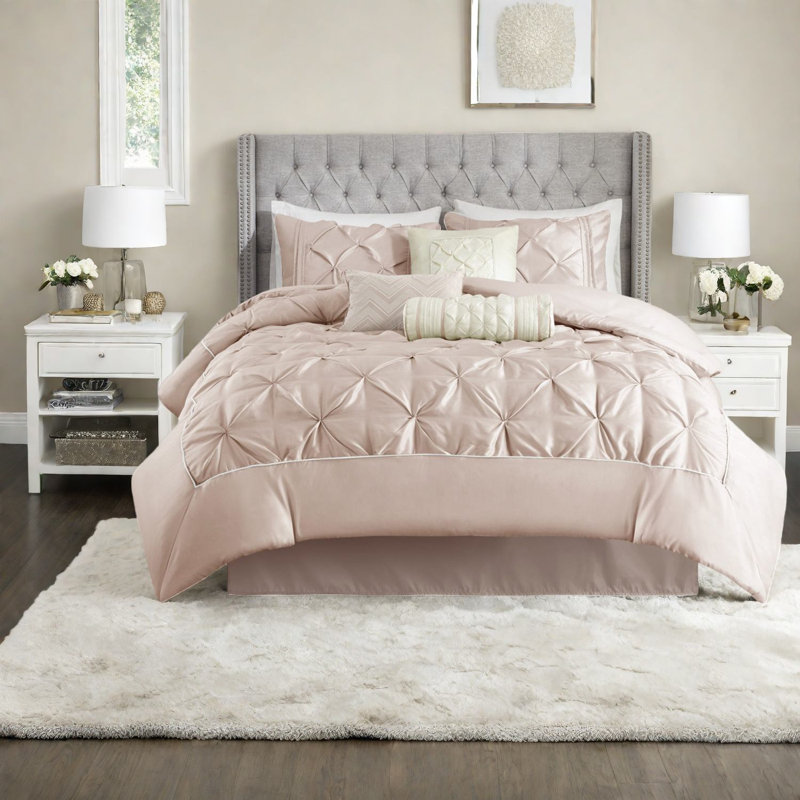 Ensemble de literie élégant rosé 7 pièces avec édredon en polyester hypoallergénique pour très grand lit californien