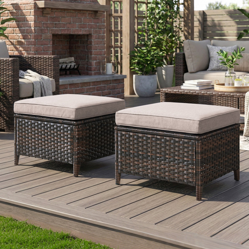 Wicker Outdoor Ottomans for Patio Set of 2 Rattan Footstools w/Removable Cushions, Beige, Brown