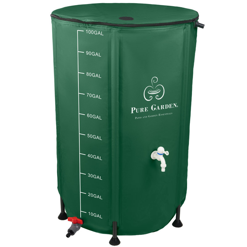 Collapsible Rain Barrel Kit - 100 Gallon / 380 L Portable Collapsible Water Container Tank - PVC Rain Collection System with Filter, Spigot, Outlet Valve, Overflow Tap and Hose (Green)