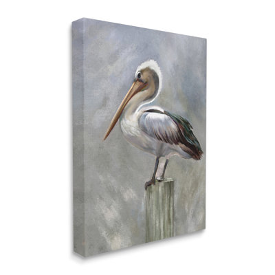 Pélican reposant sur un pilier en bois gris doux par Heather Hayes - impression