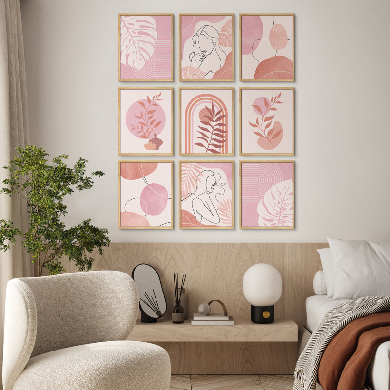 "Art moderne bohème rose Mid Century, H 14 po x l 11 po, Naturel