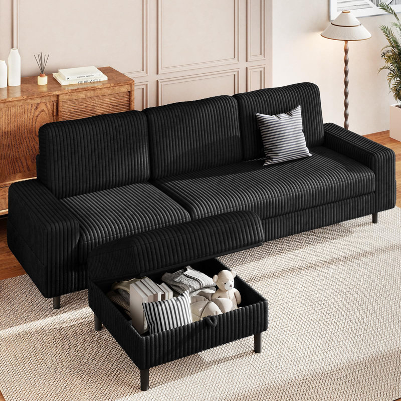 3 Seater Corduroy Sofa & Chaise,L Shaped Sofa with Movable Storage Ottoman, 3-Seater Modular Sectional Sofa, Corduroy Couch, Wooden Frame, Deep Seat, Ideal for Living Room, Black