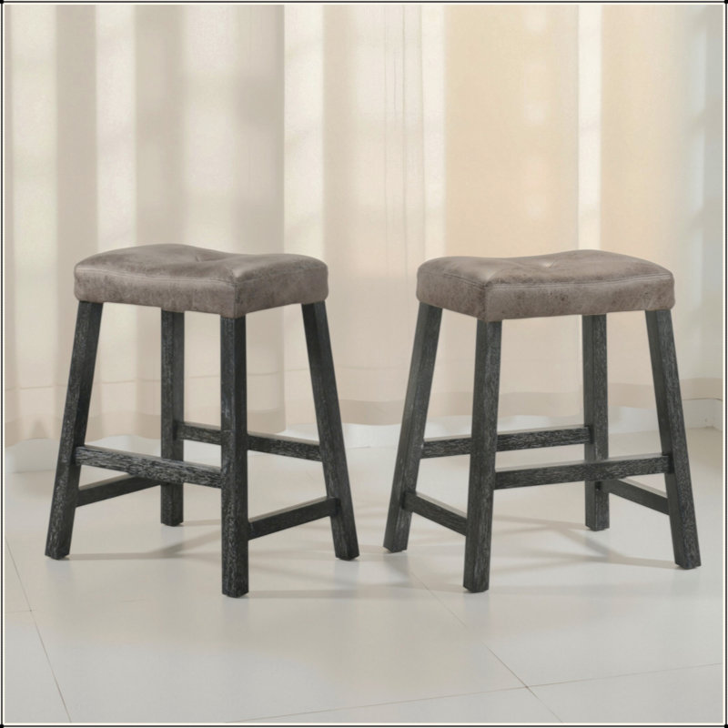 Ensemble de 2 tabourets de comptoir de style campagnard rustique, tabourets de bar en bois sans dossier avec siège en similicuir, finition patinée pour économiser de l'espace