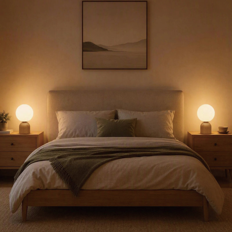 Lampe de table moderne en bois massif 9,84 "avec abat-jour globe en verre opale et gradateur certifié UL cULus pour la chambre à coucher, le salon, le bureau personnel ou la salle d'étude