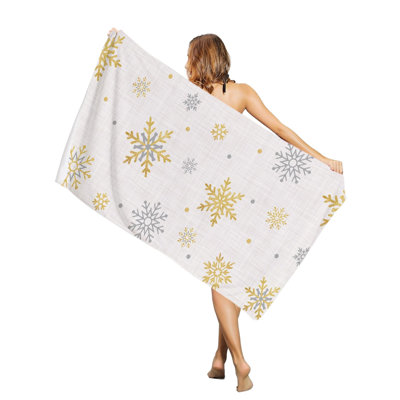 Christmas Gold Snowflake Retro Linen Beach Towel Oversized Pool Towels,Quick Dry Absorbent Large Beach Blanket Soft Sand Free Bath Towel, 50 x 60 inAnd a canvas bag with the same printed beach towel will be given as a gift