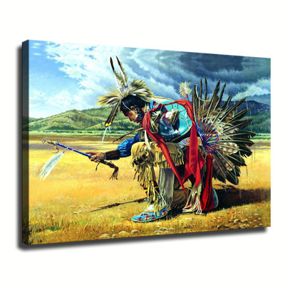 Native American Indian Rain Dancer On Prairie Canvas Wall Art Framed Ready to Hang Living Room Bedroom Home Decor