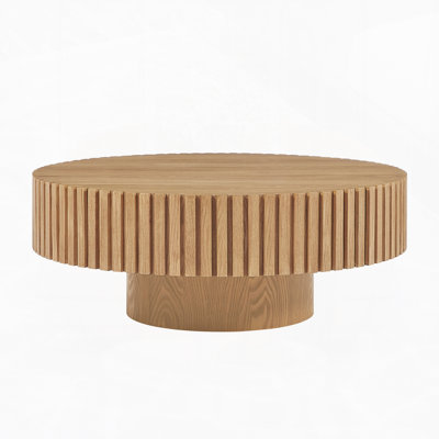 35.43" Round Wood Coffee Table for Living Room, Modern Handcraft Drum Coffee Table, Circle Wooden Coffee Table for Small Space Apartment ASH
