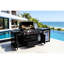 Îlot de barbecue extérieur noir 4 brûleurs 72000 avec réfrigérateur à une porte, évier et 2 surfaces de cuisson. Éclairage halogène pour une sécurité optimale. Évier/robinet inclus. Bouton de commande rouge/blanc avec indicateur lumineux.