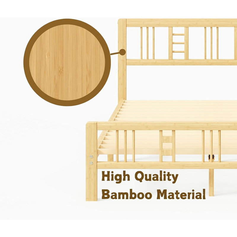 Structure de lit double en bambou de 14 pouces avec tête et pied de lit - plateforme en bois robuste, aucun sommier requis, support de lattes en métal, assemblage facile, silencieux, fabrication renforcée