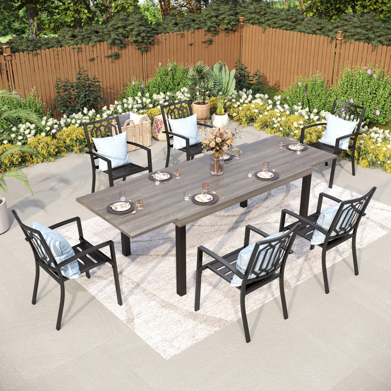 Rectangle Outdoor Patio Dining Set Wooden-look Expandable Heavy Duty Metal Table With Stackable Chairs, 6