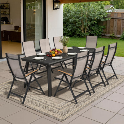 9 - Person Outdoor Aluminum Dining Set With Folded Reclining Armchairs