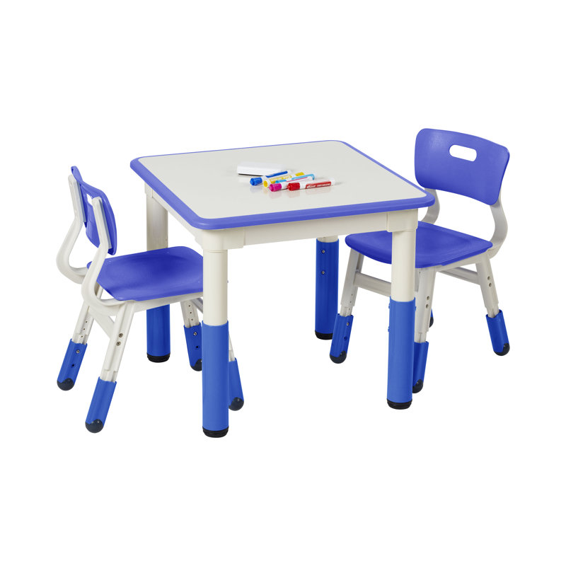 Table d'activités carrée effaçable à sec avec deux chaises ECR4Kids, mobilier pour enfants, 3 pièces, Blanc / bleu