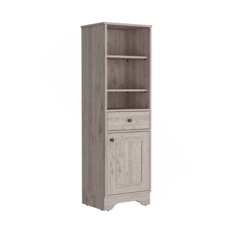 Armoire à linge brûlé, un tiroir, une armoire, plusieurs tablettes, finition gris clair, Gris clair