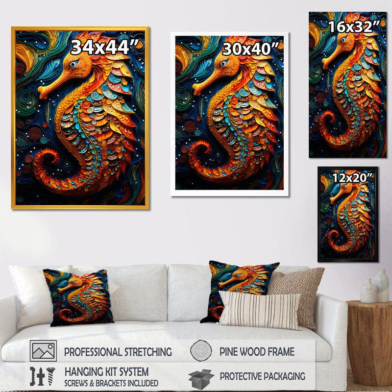«Orange and Blue Seahorse Symphony 4», Cadre photo noir, H 40 po x l 30 po x P 1,5 po