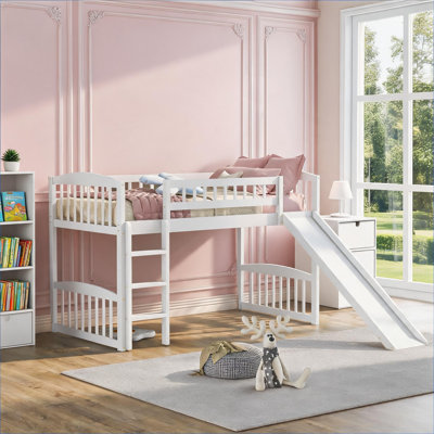 Crisp White Solid Wood Twin Size Loft Bed with Slide and Ladder, Minimalist Clean Style for Small Bedroom Sleep and Play