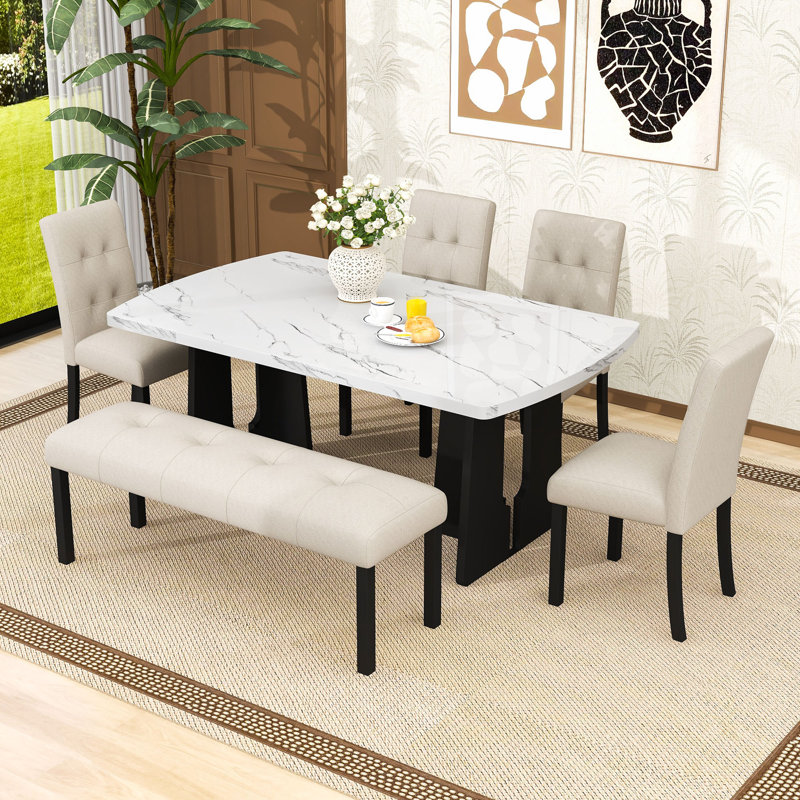 Ensemble de salle à manger élégant 6 pièces avec pieds en bois, banc et chaises capitonnées, Blanc, Beige