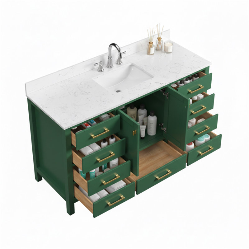 Meuble-lavabo autoportant 60 po avec comptoir simple en bois massif 60 po, 60", Vert