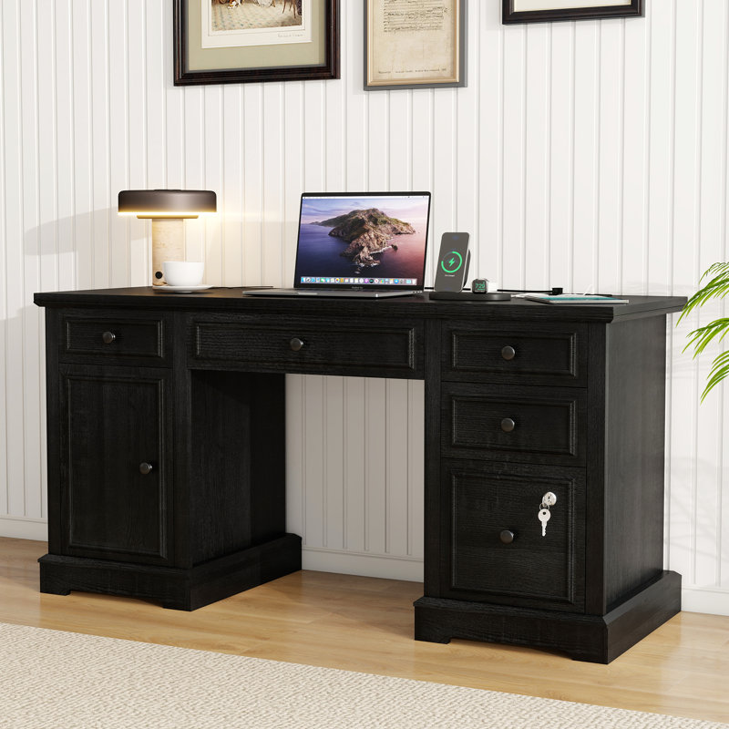 Bureau de ferme rustique 59 pouces | Station de charge + classeur verrouillable et rangement à tiroirs multiples, Black/Black