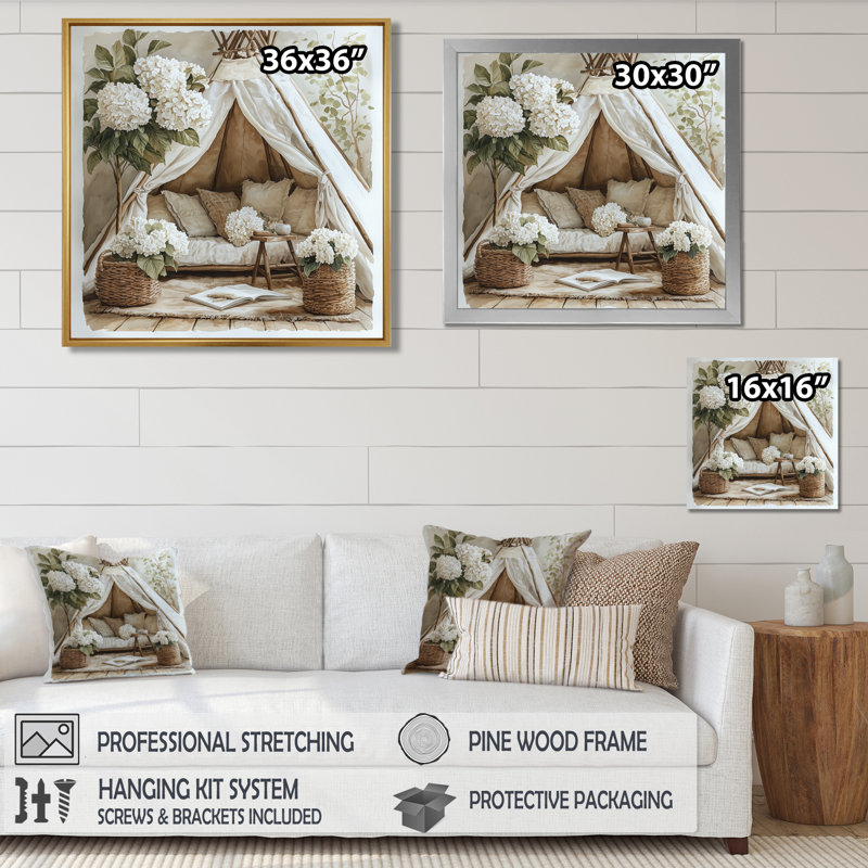 Doster Boho Hydrangeas In A Boho Tent II - Hydrangea, art mural sur toile, Reproduction encadrée d'une seule photo, Noir