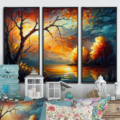 «Forest Scenery By A Lake», reproduction sur toile 3 pièces