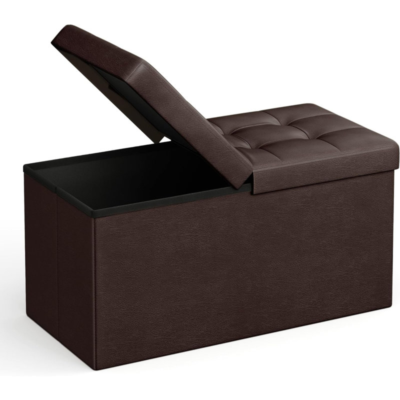 30 Inches Folding Storage Ottoman Bench With Flipping Lid, Storage Chest Footstool, Faux Leather, Brown