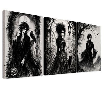 Couple de vampires gothiques en niveaux de gris, ensemble de 3 toiles murales pour l'Halloween