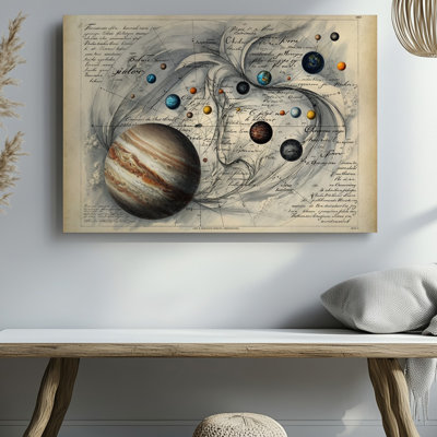 Toile, carte céleste détaillée et détaillée présentant un arrangement tourbillonnant de planètes murales rendues sur fond de tons terreux