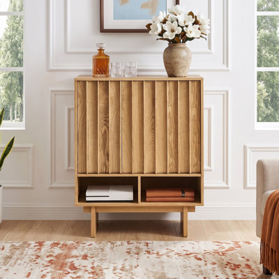 Buffet de salon de style Mid-Century de 80 cm (31,5 po), à lattes grillagées et étagères réglables, en bois clair
