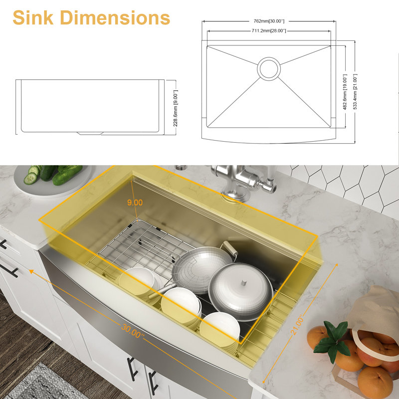 Stainless Steel Apron Front 16 Gauge 9 Inch Deep Single Bowl Farm Sink with Accessories, 30" L x 21" W 