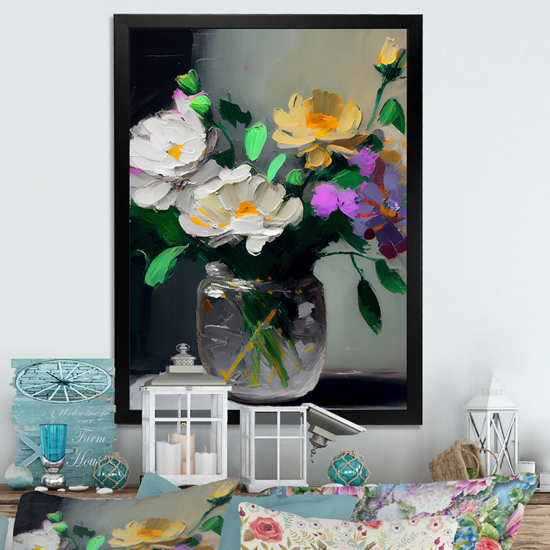 Nature morte avec fleurs blanches IV - reproduction sur toile, Cadre photo noir, H 20 po x l 12 po x P 1 po