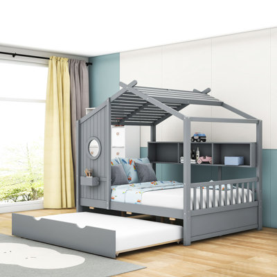 Aliyyah Wood House Daybed With Twin Size Trundle and Shelves by Harper Orchard