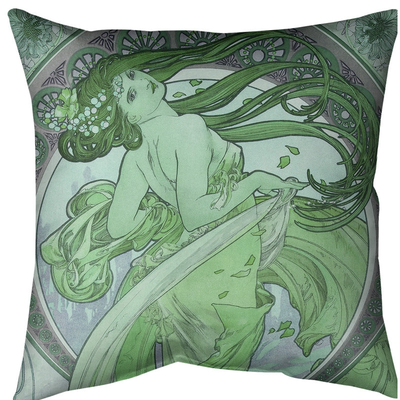 Housse de coussin Alphonse Mucha the Dance, 14 po x 14 po, Vert, Faux lin
