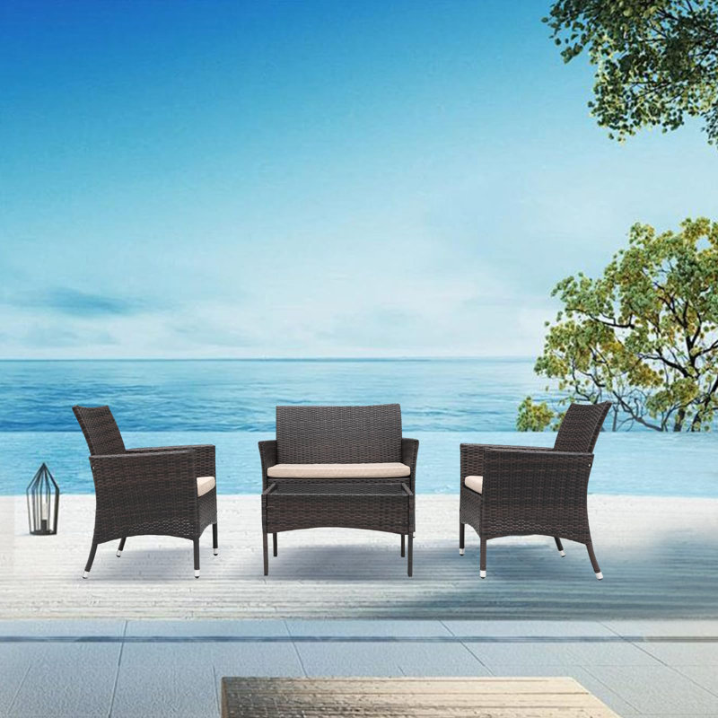 Ensemble de meubles de patio 4 pièces avec coussins, Beige, Brun