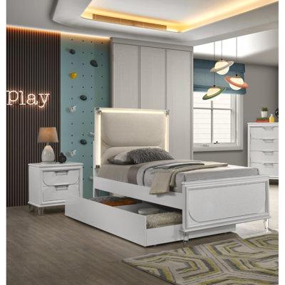 Contemporary Glam Pearl White Twin Size Bed W Trundle 2X Nightstands Embossed Panel 3Pc Bedframe Bedroom Furniture