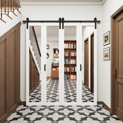 Closet Bi-Fold Barn Door Double 1-Lite Mirrored & Manufactured Wood Bi-Fold Barn Door 36" x 84" with Installation Hardware Kit (Perfect for Closet Room,Pantry,Laundry and Other Small Rooms)