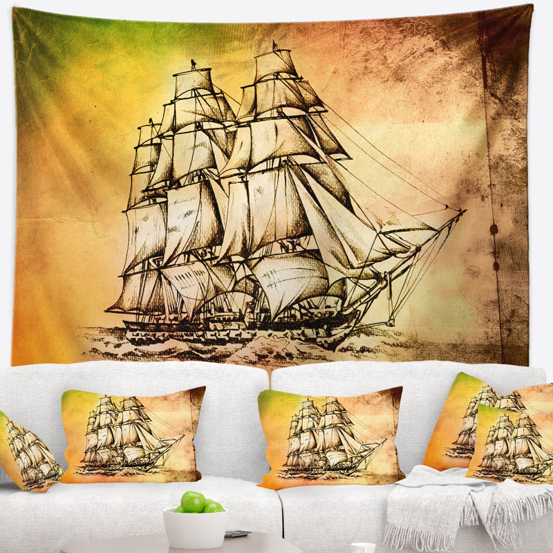 Tapisserie de bateau en mouvement antique en mer de polyester avec accessoires suspendus inclus, H 68 po x l 80 po