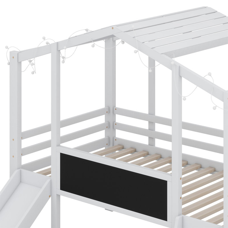 Lit mezzanine avec échelle et glissade, lit maison avec tableau noir et bande lumineuse sur le toit, Blanc