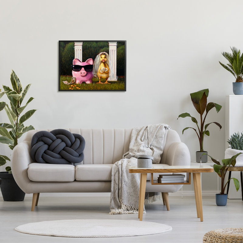Drôle de mariage cochon et canard, impression sur bois, H 24 po x l 30 po x P 1,5 po, Giclée encadrée noir minuit