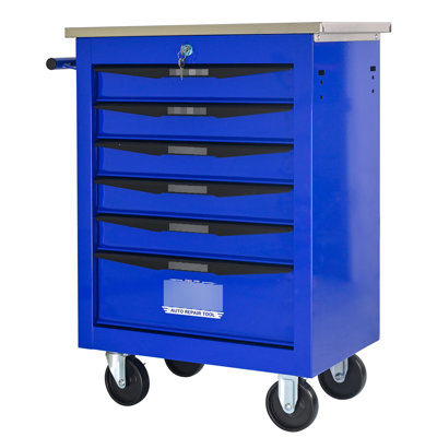 Multifunctional 6 Drawers Tool Trolley For Repair Shop, Metal Rolling Unit With Wheels, Black & Blue, Lockable Drawers, Smooth Steel Finish Cart Garage, Key Locking, - Bearing Drawer Slides