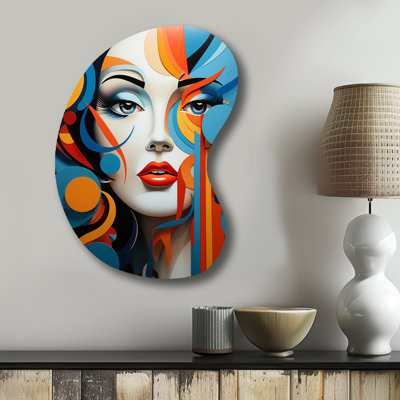 Portrait de femme Pop Art en bleu et orange - Décoration murale irrégulière en métal Pop Art